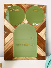 Load image into Gallery viewer, Sage Green and Gold Wood Mosaic Personalized First Day of School Sign Back to School Board
