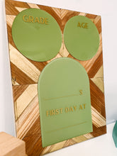 Load image into Gallery viewer, Sage Green and Gold Wood Mosaic Personalized First Day of School Sign Back to School Board
