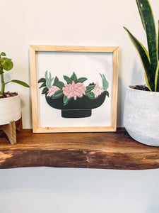 Spring Flowers In a Dark Grey Bowl Wood Sign