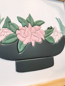 Spring Flowers In a Dark Grey Bowl Wood Sign