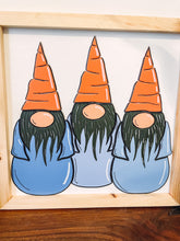 Load image into Gallery viewer, Three Gnomes With Carrot Hats Spring Easter Wood Sign
